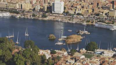 Boats on the Nile, dwellings and remains on Elephantine Island