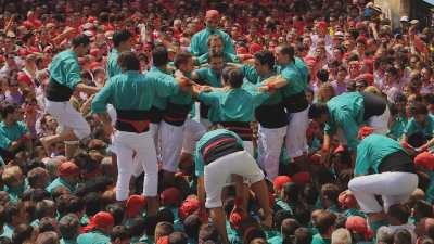 The Castellers, human towers in Catalonia, close shots