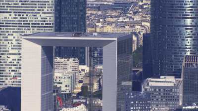The triumphal way from Nanterre with the business district of Paris La Defense with the Grande Arche up to Paris Arc of Triumph