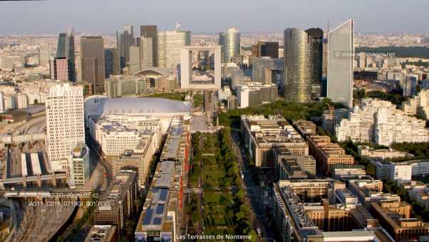 Aerial footage The Triumphal Way from Paris La Defense up to Paris center