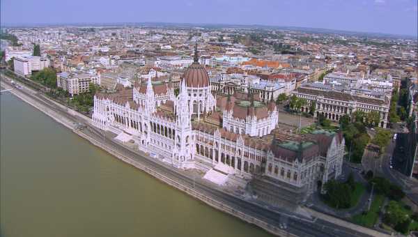 Flight over the Danube river, the City and its monuments
