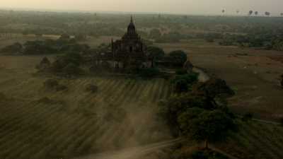 Bagan temples, hot Air Baloons and monks procession
