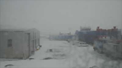 Mario Zucchelli Antarctic station during a late spring snow storm