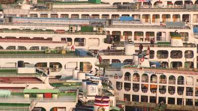 Great two floors passengers boats in Sadarghat harbour